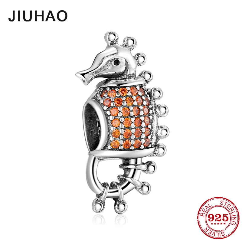 

High quality 925 Sterling Silver Tropical Seahorse Charm with shining Orange CZ bead Fit Original Pandora Charm Bracelet Jewelry