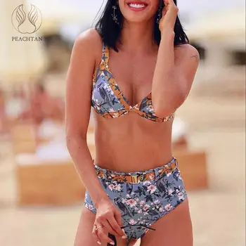 

Peachtan Floral print triangle bikini set Vintage high waist swimsuit push up Patchwork swimwear women 2019 Belt bathing suit