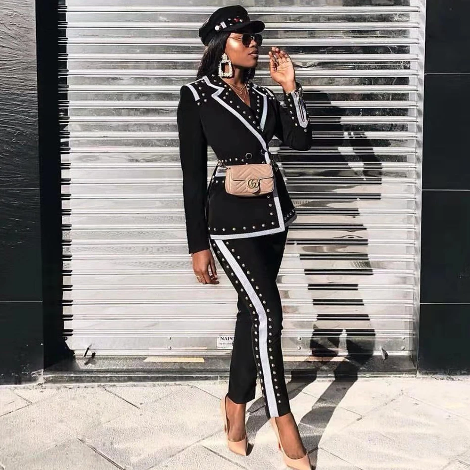 2019-Inverno-Preto-Das-Senhoras-Conjunto-de-Manga-Longa-Com-Decote-Em-V-Cravejado-Blazer-Cal (2)