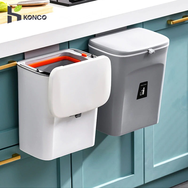 

Konco Kitchen Trash Can 9L Wall Mounted Waste Bin With Lid Kitchen Garbage Cans Hanging Trash Bin for Car Rubbish Bin