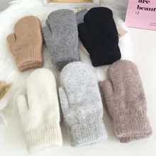 

2021NEW Female Double-layer rabbit hair gloves winter Korean version of solid color all fingers winter women gloves girls