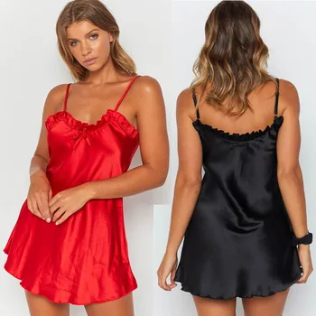 

Hirigin Sexy Women V-Neck Backless Nightgown Frill Lace Satin Bowknot Sleepwear Ladies Solid Sleeveless Short Mini Sleep Dress