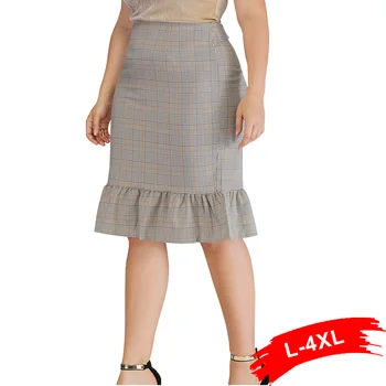 

Plus Size Elegant Ruffles Bodycon Plaid Skirt 3Xl 4Xl Women Slim High Waist Knee Length Pencil Skirt Office Lady Casual Skirt