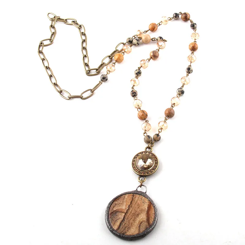 Fashion Bohemian Tribal Jewelry Antique Stone Glass Chain Crystal Links Round Stone Pendant Long Necklaces