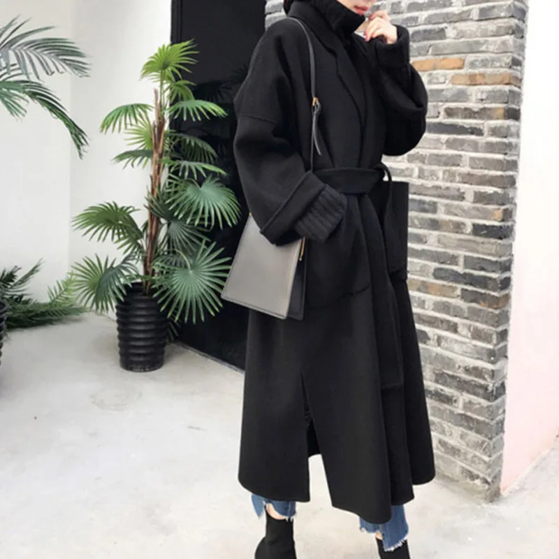 Шерстяное Женское пальто Abrigos Mujer Invierno 2019 повседневное черное шерстяное с поясом
