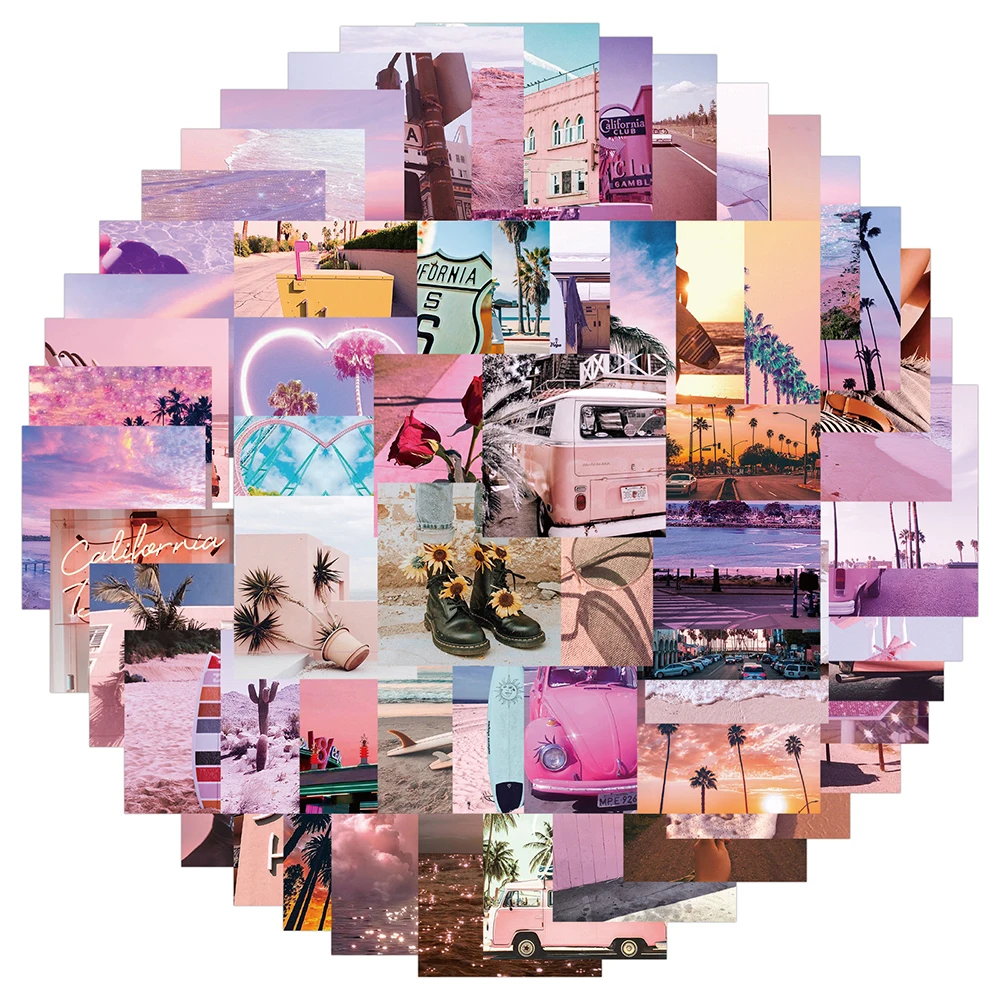 10/30/62PCS Pink California landscape Vsco Girl Stickers Laptop Fridge Guitar Bike Luggage Phone Graffiti Sticker Decal Kid Toy 100 pcs vsco stickers kawaii girl things waterproof sticker for laptop skateboard guitar luggage fridge phone car decal kids toy