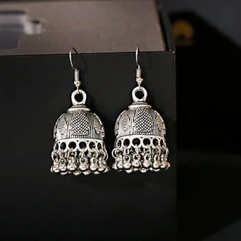 

Vintage Ethnic Tassel Indian Earrings Jhumka Antique Silver Color Carved Big Bell Drop Hanging Earrings For Women Gypsy Jewelry