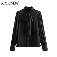 Vintage Stylish Office Wear Soft Touch Black Blouses Women Fashion Bow Tie Collar Long Sleeve Female Shirts Blusa Chic Tops