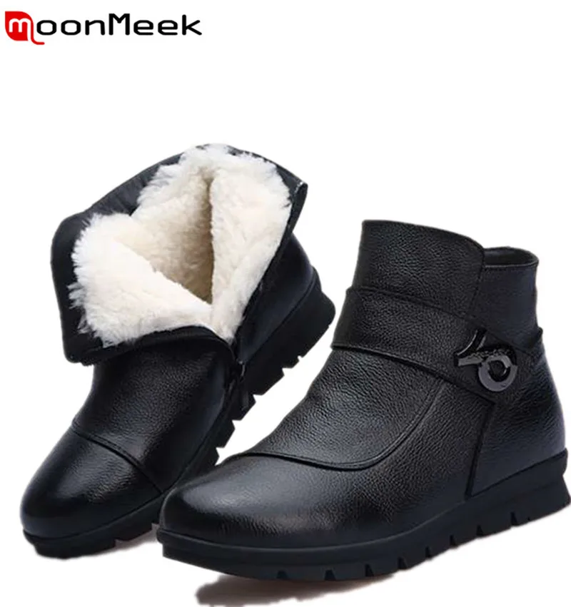 MoonMeek/Размеры 35-41; модные зимние ботинки из натуральной кожи; женские ботильоны на молнии с круглым носком; шерстяные теплые зимние ботинки на плоской подошве