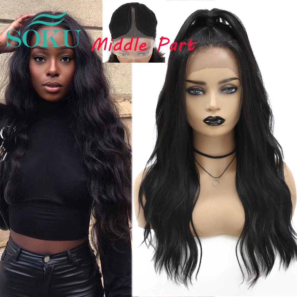 Bajo costo Sintético peluca con malla frontal Color negro largo ondulado pelucas con minimechones parte media del pelo Ombre marrón Peluca de encaje para las mujeres negras SOKU Wlgq3YKj