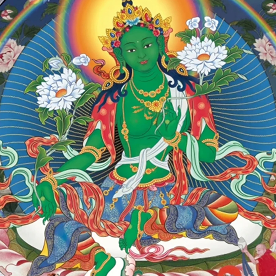 Thangka Tibetano Otto Tara Verde - Arazzo Buddha Con Stampa Dorata - Decorazione Zen Per Meditazione