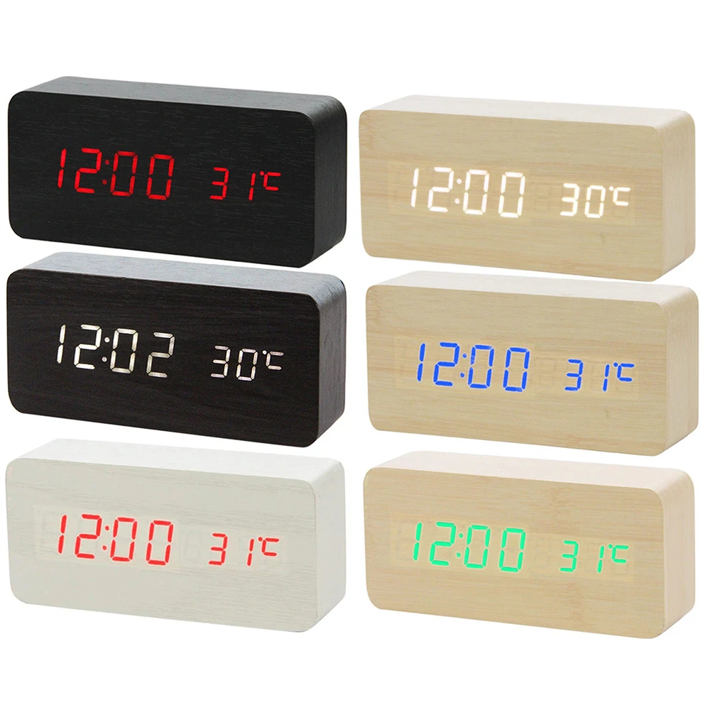 Многоцветный звуковой контроль деревянный квадратный светодиодный Настольный Будильник цифровой термометр деревянные usb/AAA отображение даты