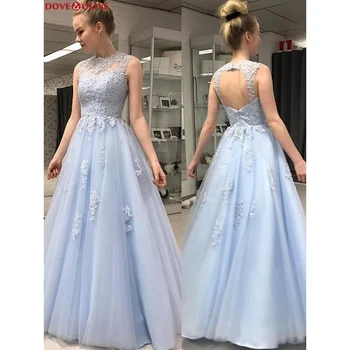 

Blue Prom Dresses Lace Applique A-Line Sleeveless Sheer O Neck Floor-Length With Tulle Keyhole Backless Evening Gown Graduation