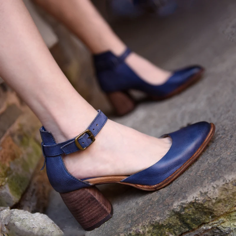 Artmu-zapatos de tacón alto de punta estrecha Retro para mujer, calzado de tacón grueso con hebilla de cuero genuino, original, Europa y América, novedad de 2020