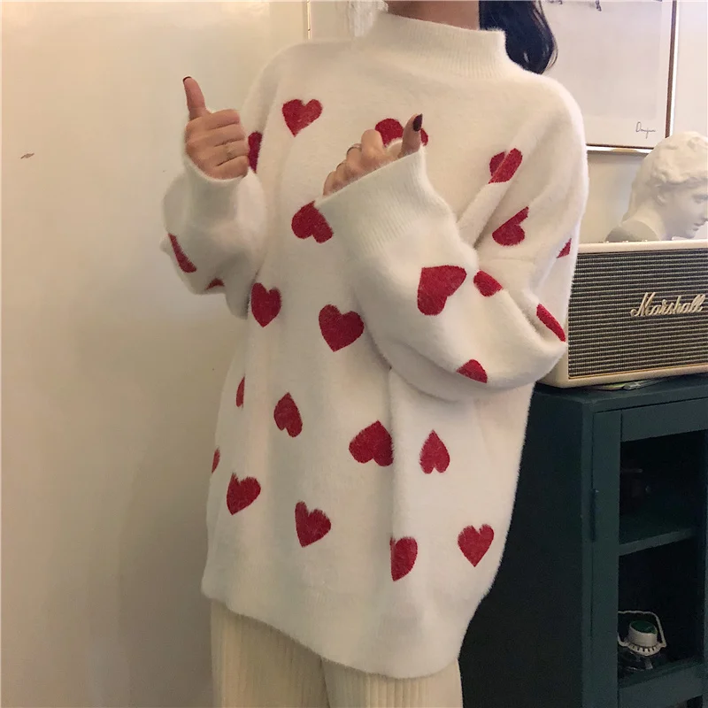 Осень, новинка, Корея, ins, Harajuku, милый, милый, длинный рукав, вязаный свитер, женский, модный, свободный, с капюшоном, любовь, Повседневный, женский, вязаный свитер