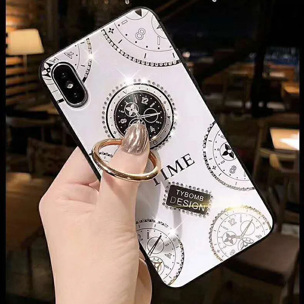 

Glitter Clock Pattern Phone Case for IPHONE XS MAX XR X 8 7 PLUS 7 6 6S Luxury Glass Cover with 360 Degree Metal Ring Bracket