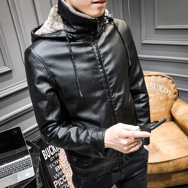 Winter MEN'S Leather Coat Korean-style Slim Fit Large Size Fur Brushed And Thick Hooded Casual MEN'S Coat