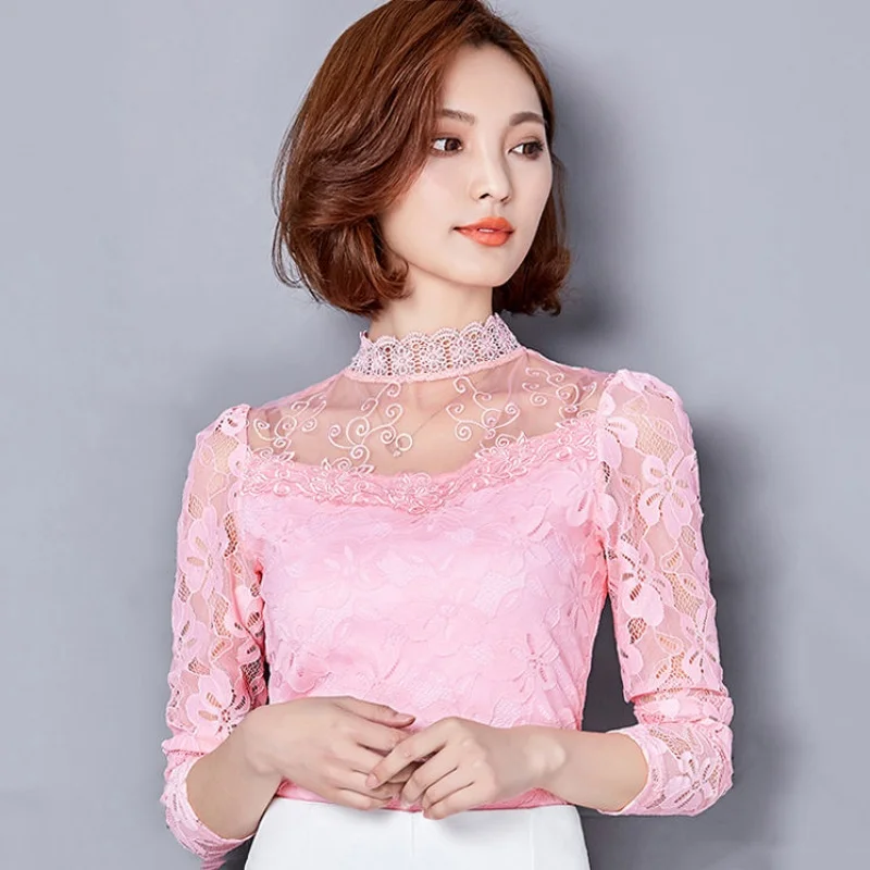 

Oversize 5XL Basic Blouse Tops Women Shirt Autumn Lace Turtleneck Office Shirts Long Sleeve Elegant Jumper Female Slim Pullover