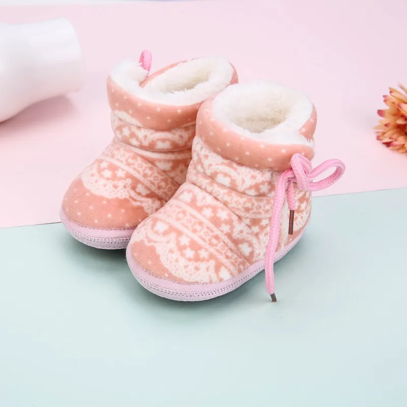 Детские ботинки с милым принтом для новорожденных, на шнуровке, для первых шагов, для маленьких девочек и мальчиков, один размер, обувь с мягкой подошвой, хлопковые Зимние ботиночки для детей 0-18 месяцев