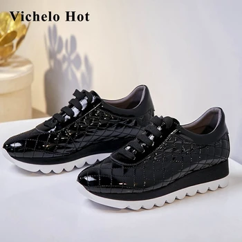 

Vichelo Hot maiden gingham comfortable full grain leather white sneaker round toe lace up brand shoes cozy vulcanized shoes L6f8