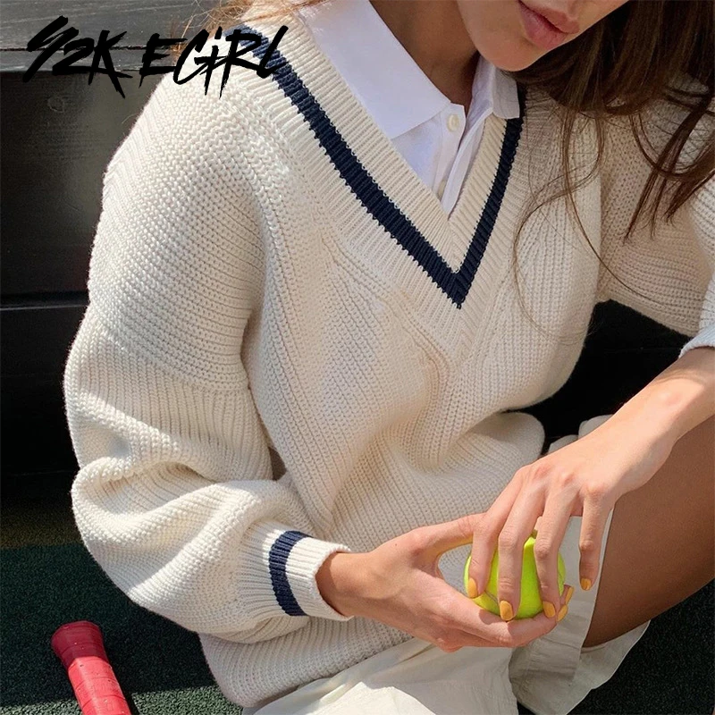 

Y2K EGIRL Preppy Style V-neck Long Sleeve Oversized Pullovers Vintage Loosed Knitted White Sweaters 90s Streetwear School Outfit