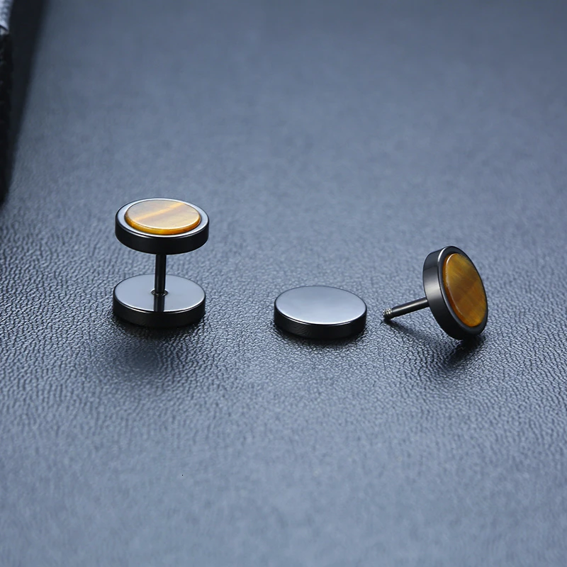 Men's Retro Tiger Eye Stone Stainless Steel Barbell Earrings (Pair)