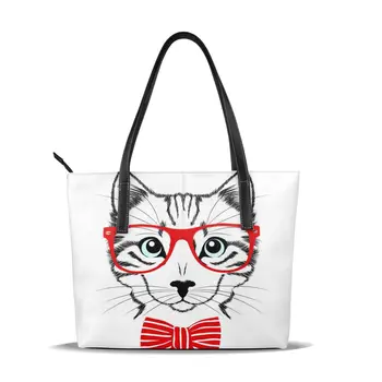

OLN Hipster Cat With Red Glasses And Bow Tie Reusable Tote Pouch Women Travel Storage Handbag Fashion Shoulder Bag Shopping Bags
