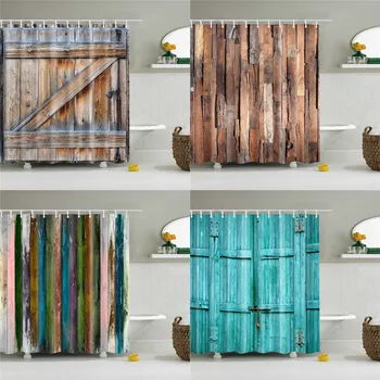 

Wooden Door Printed Shower Curtain Waterproof Screen Polyester Bath Curtains Decoration Sets In The Bathroom with 12 Hooks