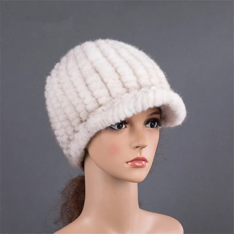 

Women Winter Female Real Mink Fur Hat with Short Front Brim Fashion Warm Knit Soft Women Visors H87