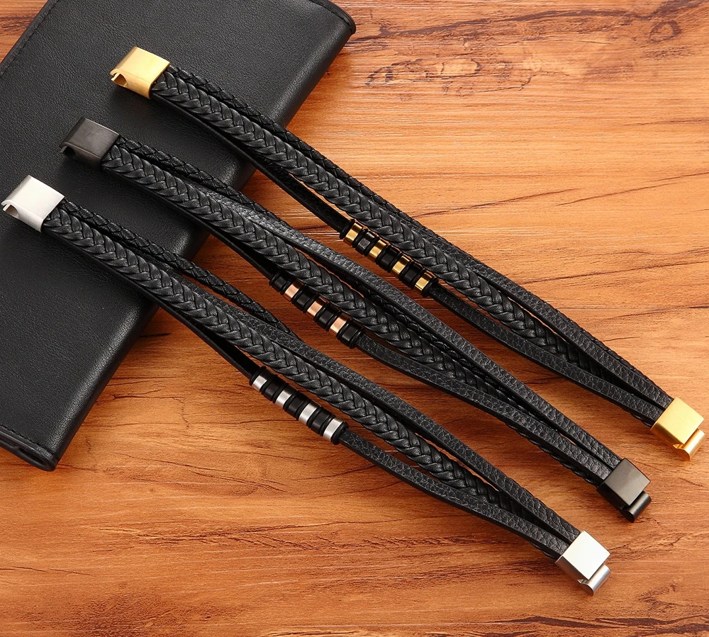 Classic Multi-layer Luxury Style Stainless Steel Men’s Leather Bracelet Hand-woven Customizable DIY Quality Drop Shipping