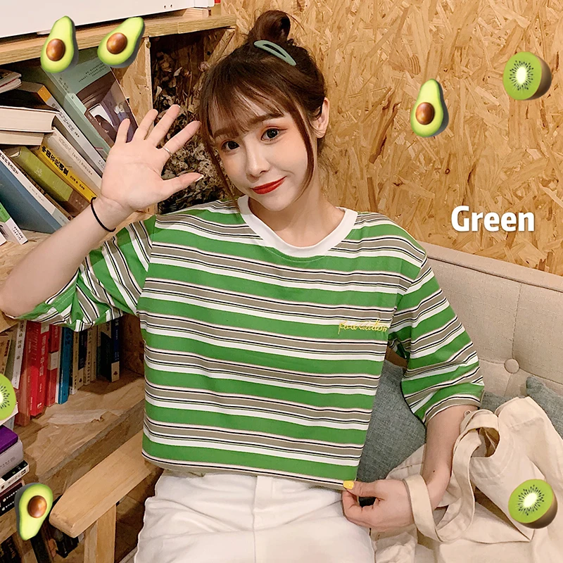 ShanH 9853 lv Harajuku Винтажная Футболка Ulzzang для подружек, полосатые футболки, летние женские повседневные свободные желтые футболки с коротким рукавом, топы для женщин - Цвет: ShanH 9853 lv