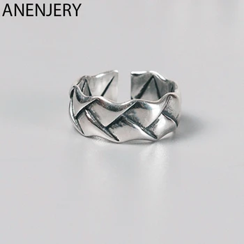 

ANENJERY Fashion Vintage Woven Lines Width Surface 925 Sterling Thai Silver Ring Opening Rings For Women Jewelry S-R573
