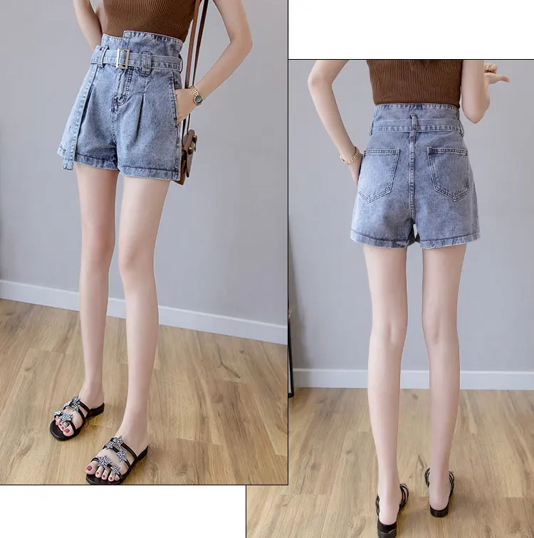 New Summer Fashion Elastic High Waist Denim Shorts Women Casual Sashes Wide Legs Shorts Slim Loose All-Match Shorts Famale
