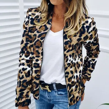 

Autumn Winter Women Slim Jacket Coat Ladies Casual Fashion Leopard Zipper Coat Overcoat