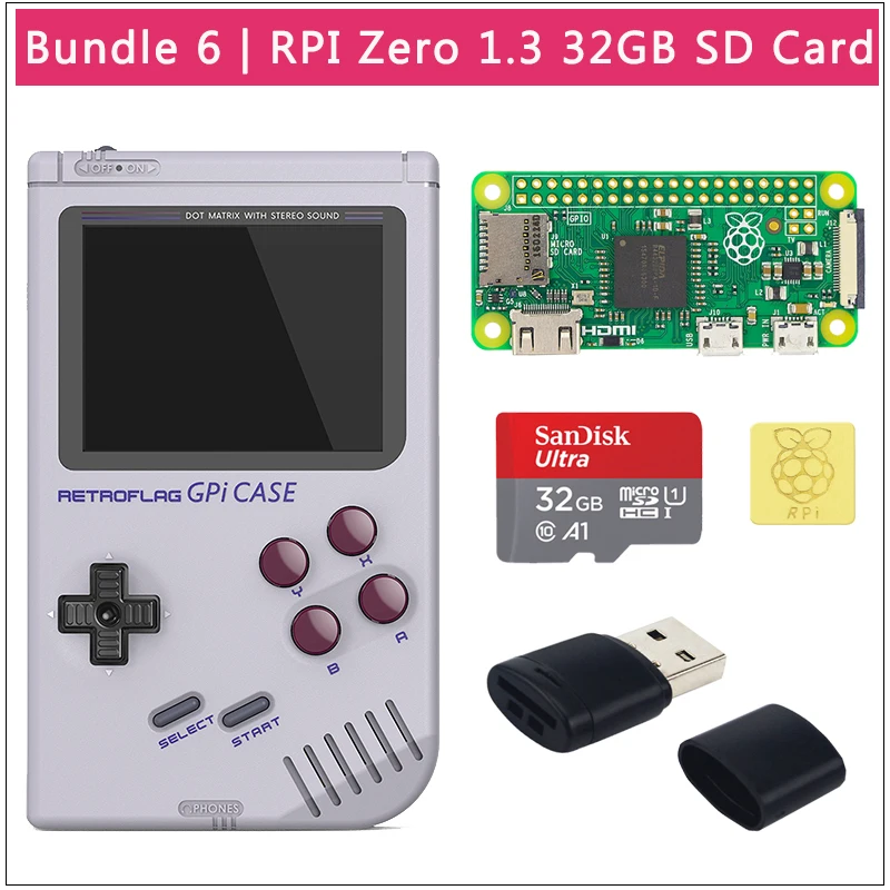 Bundle 6 Retroflag GPi чехол 32 Гб 64 Гб sd-карта | ридер | теплоотвод совместим с Raspberry Pi Zero W с картриджем - Цвет: Bundle 6