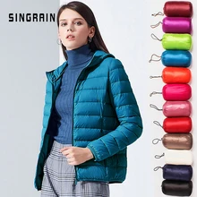 SINGRAIN Women Down Jacket Hooded 95% Duck Warm Overcoat Solid Portable Outerwear Large Size Ultra Light Down Coat Winter