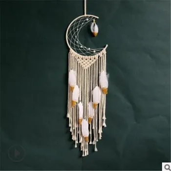 

Hand-woven Moon Dream Catchers with Feather Nordic Style Wall Hanging Tapestry for Home Decoration