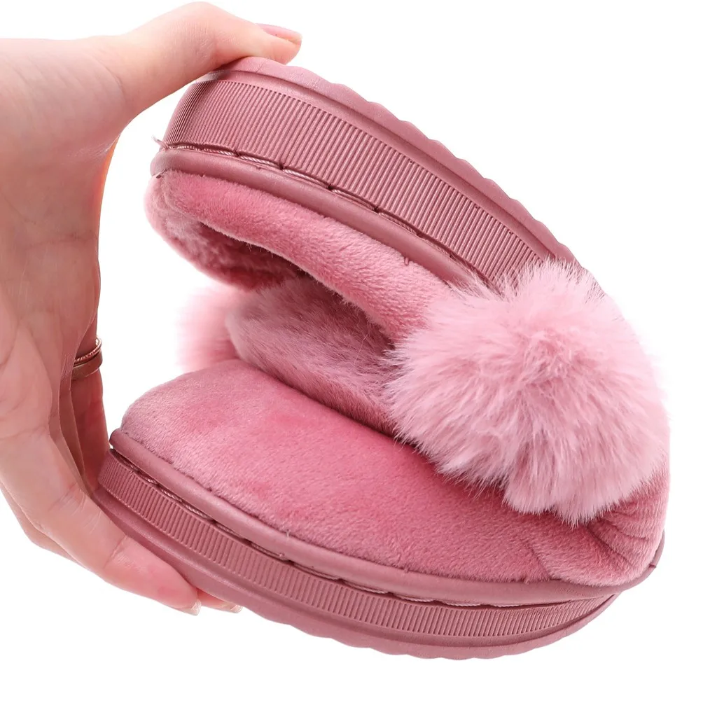 Женская зимняя домашняя обувь с меховыми заячьими ушками; милые розовые домашние тапочки с помпонами; мягкая удобная обувь;# G2