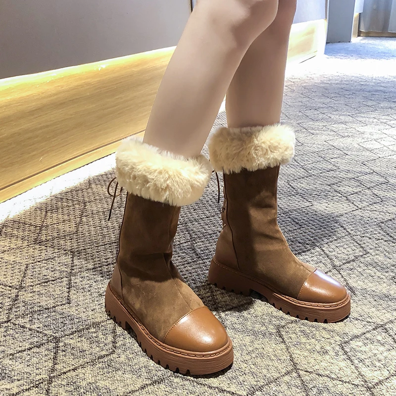 Botines/коричневые теплые боты со шнуровкой сзади; женская зимняя хлопковая обувь с плюшевой подкладкой на толстой резиновой подошве; бархатные Утепленные зимние сапоги до середины икры