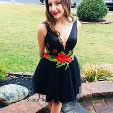 Черный V образным вырезом 3D цветы короткие Бальные вечерние платье на год; вечернее платье для выпускного вечера Vestidos De Fiesta Формальное особых поводов