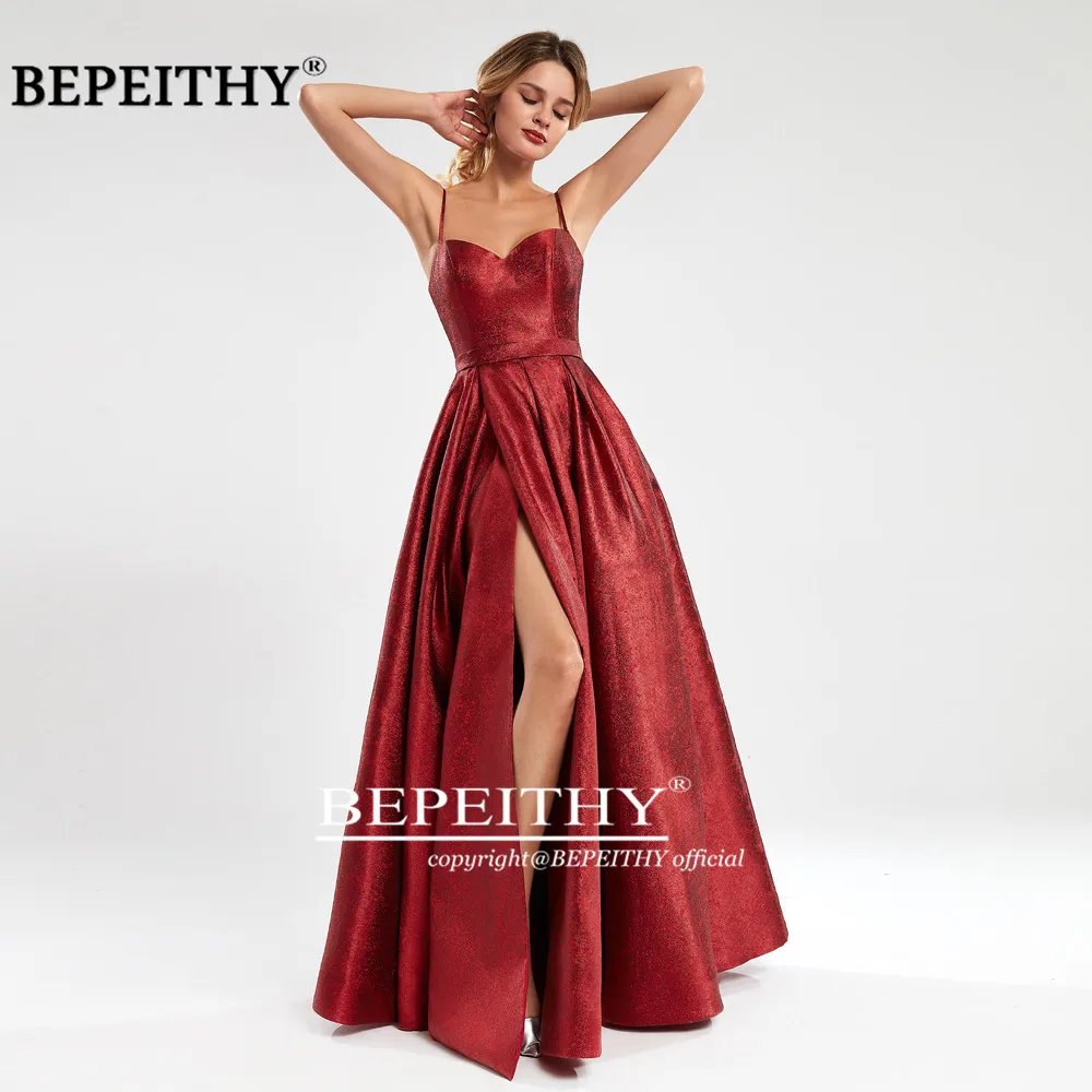 BEPEITHY Vestidos De Fiesta De Noche красное блестящее длинное вечернее платье, вечерние, элегантные, сексуальные, с высоким разрезом, вечерние платья для выпускного вечера