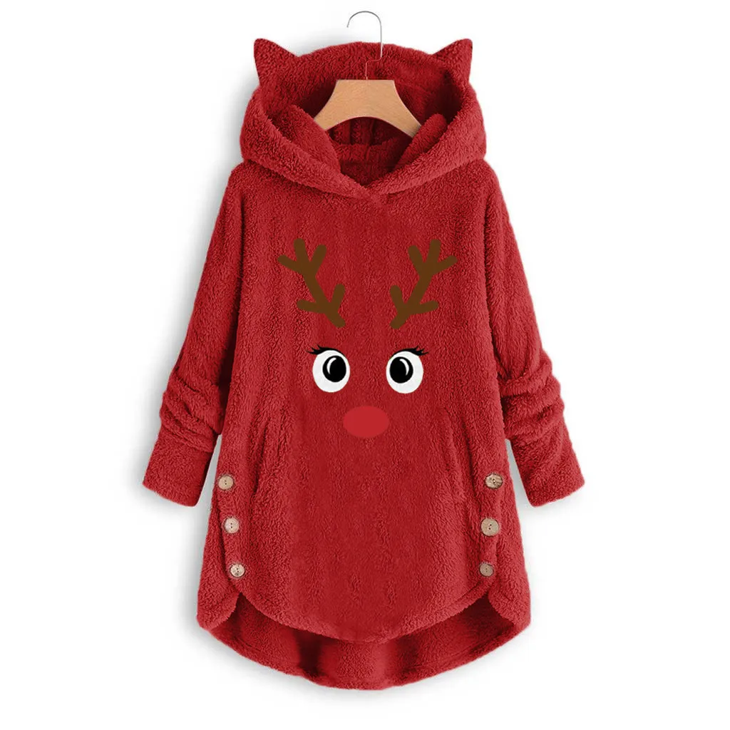 Рождественская Женская толстовка размера плюс 5xl, зимнее теплое пальто на пуговицах, пуловер с вышивкой, свободные толстовки большого размера, женские толстовки - Цвет: Бургундия