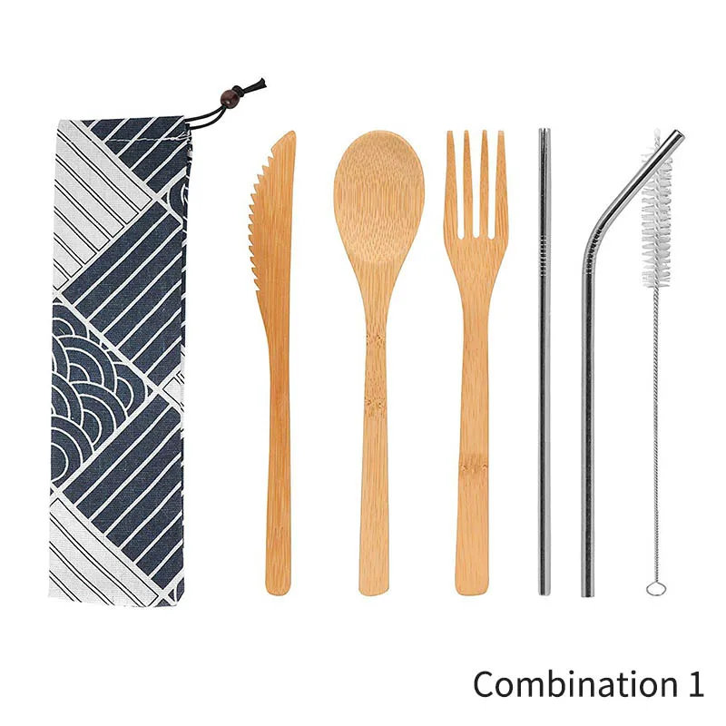 Combination 1 Палочки для еды, соломенный портативный нож, вилка, ложка, 1 набор кухонных столовых приборов, многоразовые бамбуковые столовые приборы, тканевая сумка, дорожные инструменты - Цвет: Combination 1