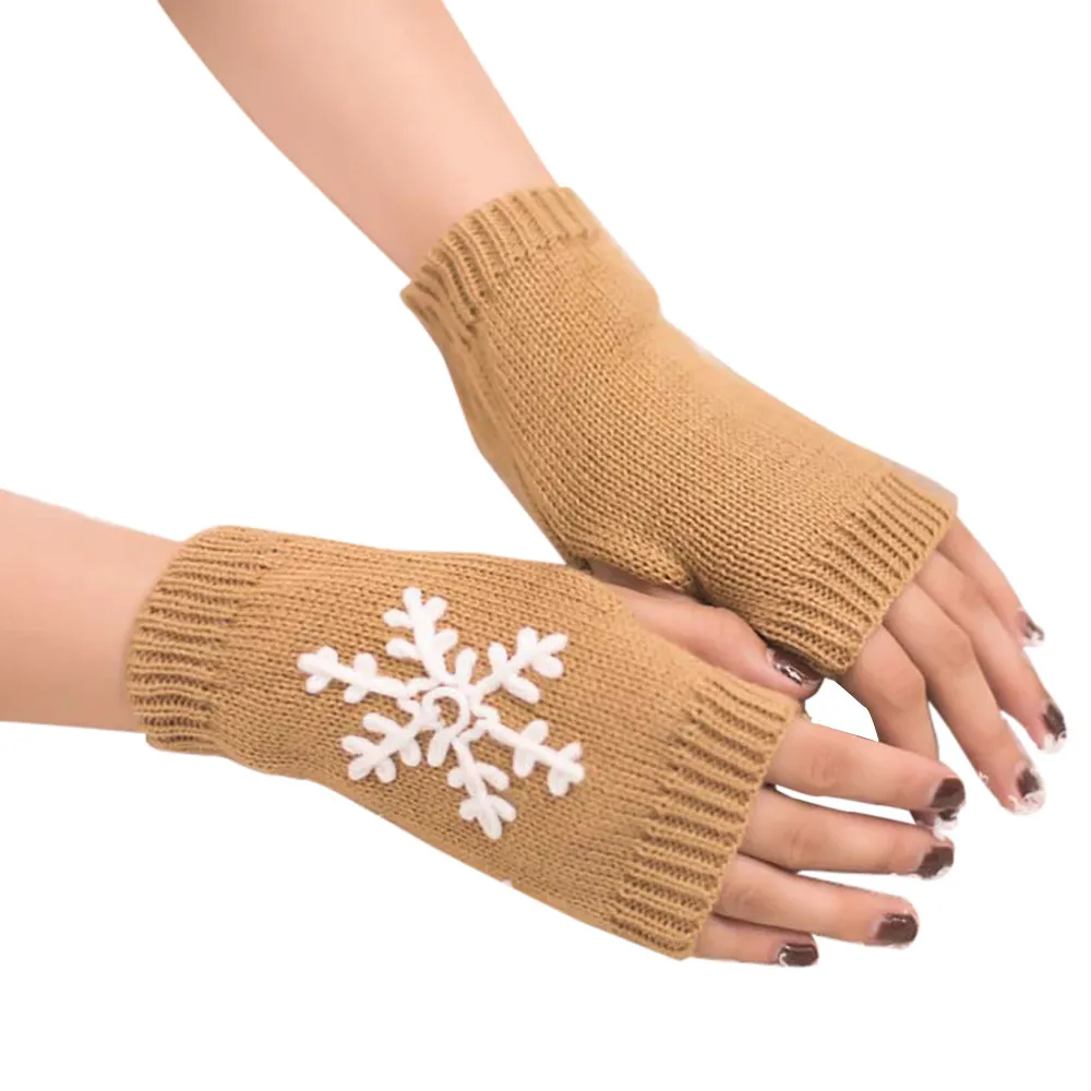 Женские зимние теплые перчатки со снежинками Рождественский трикотаж перчатки на пол пальца вышитые снежинки мягкие перчатки без пальцев для девочек женские варежки - Цвет: Khaki