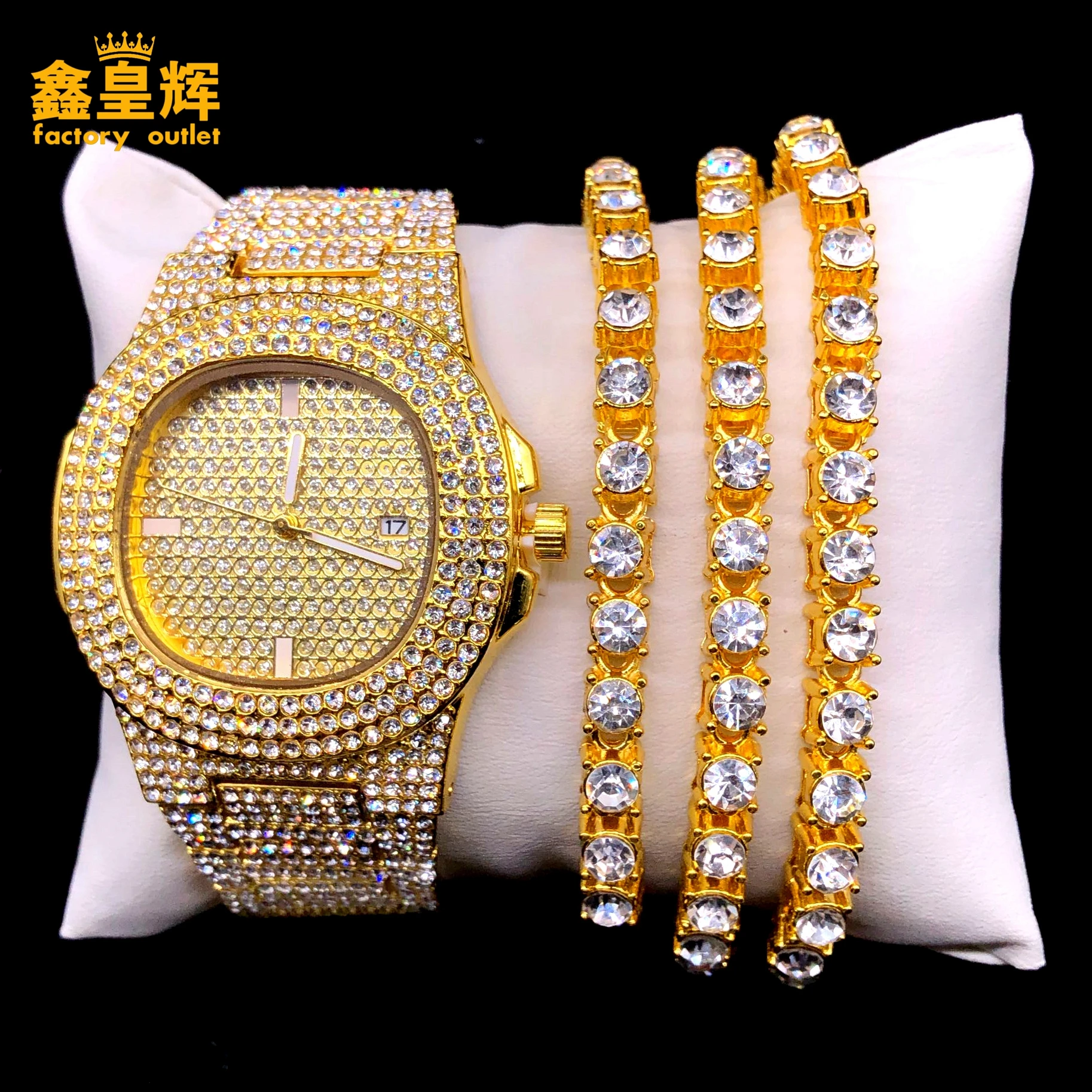 

Men's rock and roll luxury diamond watch and new Cuban Necklace combination set watch diamond necklace accessories matching gift