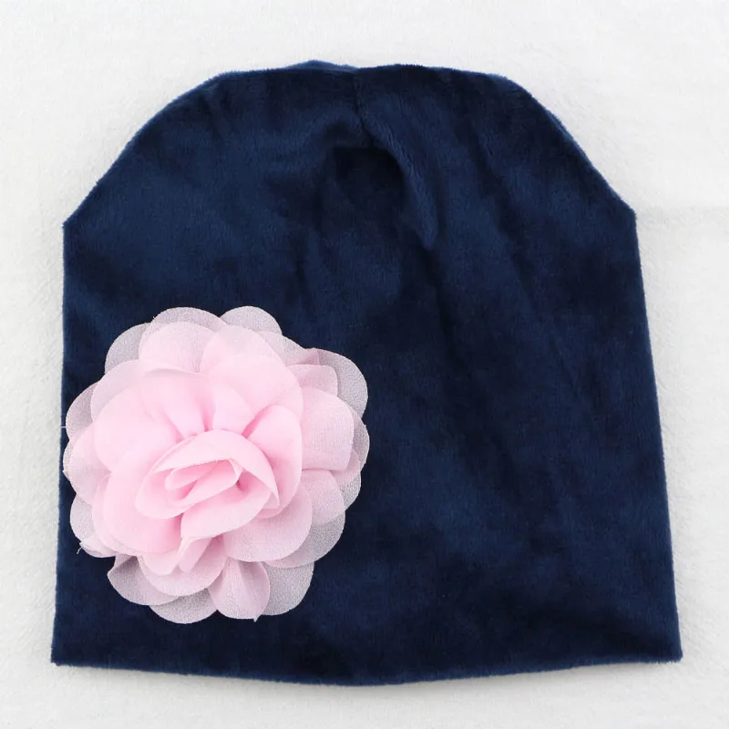 Velvet navy Sunlikeyou/бархатные зимние шляпы для девочек, детские шапки для новорожденных, вязаная эластичная шапочка с цветком для малышей, теплая детская шляпа - Color: Velvet navy