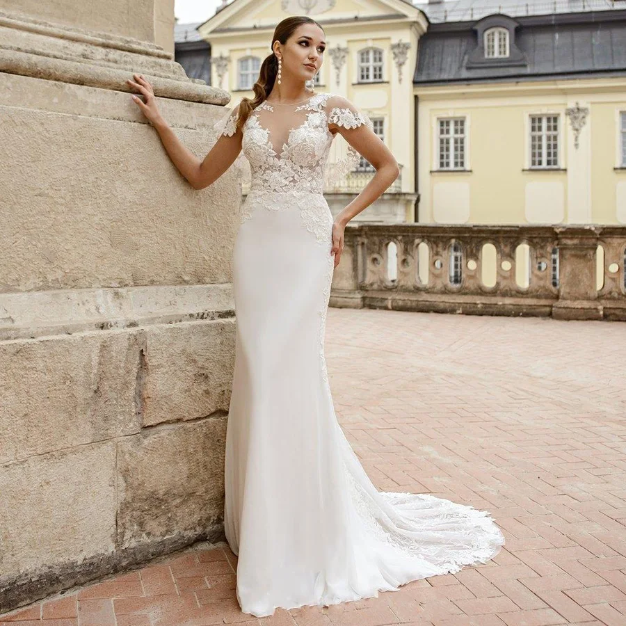 2020 Wedding Dresses Robe De Mariage Sexy New Arrival O Neck See-through Lace Applique Chiffon Mermaid Gown | Свадьбы и торжества