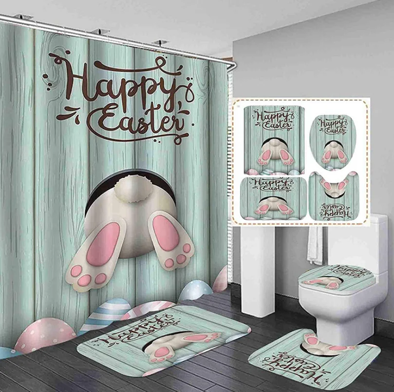 StarBlue-HGS Happy Easter Rabbit Waterproof Shower Curtain Bath Mat Pedestal Rug Lid Toilet Cover Bathroom 4PCS/ Set | Дом и сад