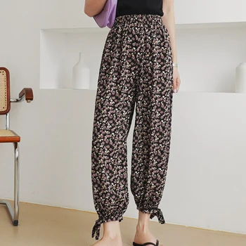 

Vintage Print pants 2020 Summer Korean-Style Floral Chiffon Capri-Pants Women's Loose Pants Beam Feet Radish Casual pants women