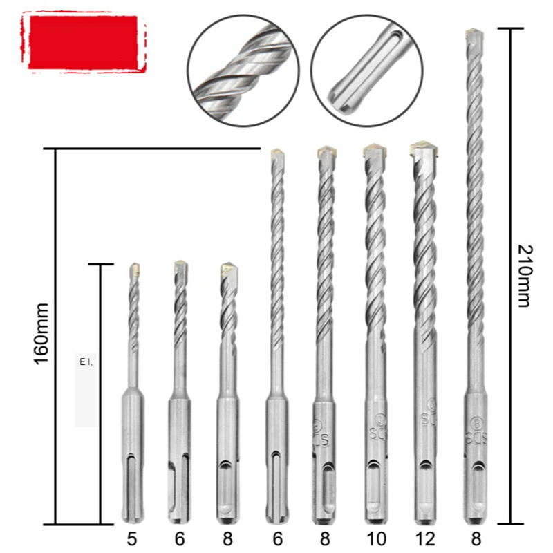 

Hammer Drill 8pcs Set round Handle Two Pit Two Slot Concrete Wall Alloy Hammer Drill Bit